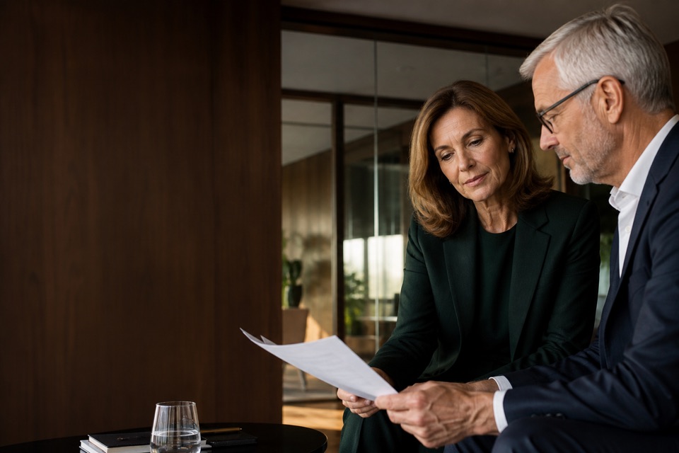 Two senior professionals reviewing a document together
